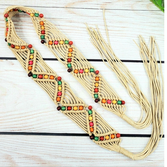 1 Small Town Girl Accessories - Boho beaded macrame woven belt 55" NWT